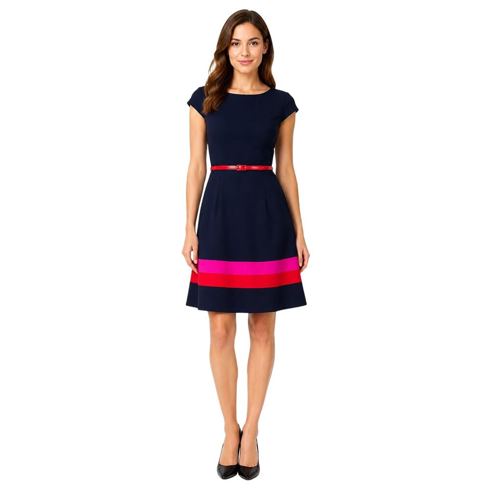 Anne Klein Navy Pink Striped Belted Fit & Flare Dress Women’s 2 - Picture 2 of 7